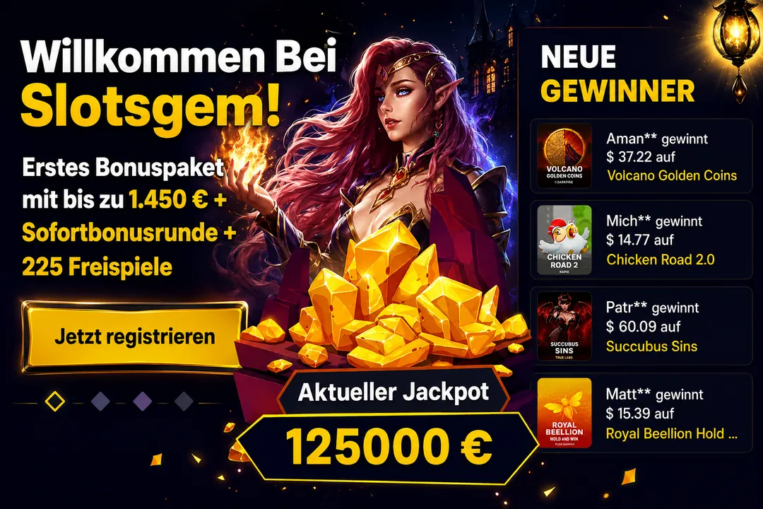 SlotsGem Willkommenspaket bis zu 1.450 Euro plus 225 Freispiele mit aktuellem Jackpot